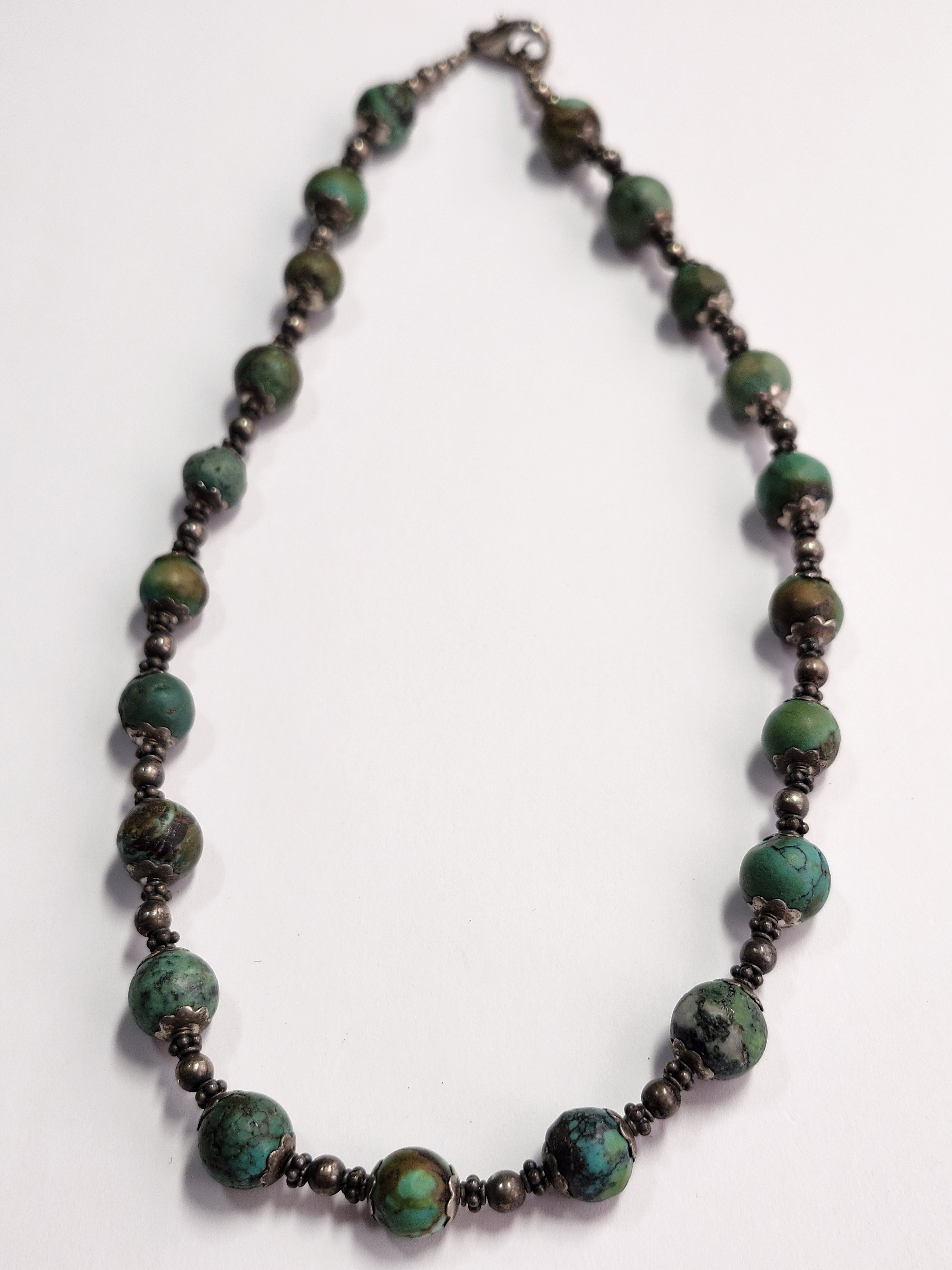 Turquoise And Sterling Silver Bead Necklace - Green Stone Strand